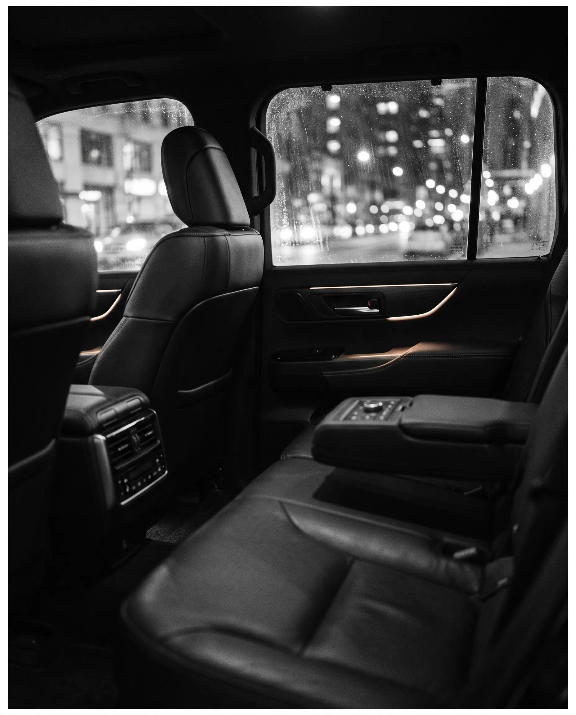 Interior de una Toyota Land Cruiser LC300 visto desde el asiento trasero, de noche